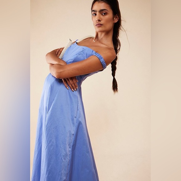 Free people iris blue midi formal prom dress off shoulder ruched size 8/10  NEW - Picture 3 of 4